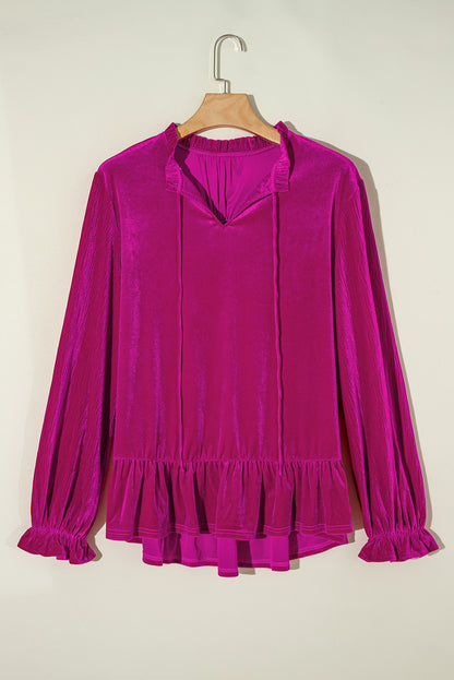 Velvet Ruffle V-Neck Blouse Plus Size