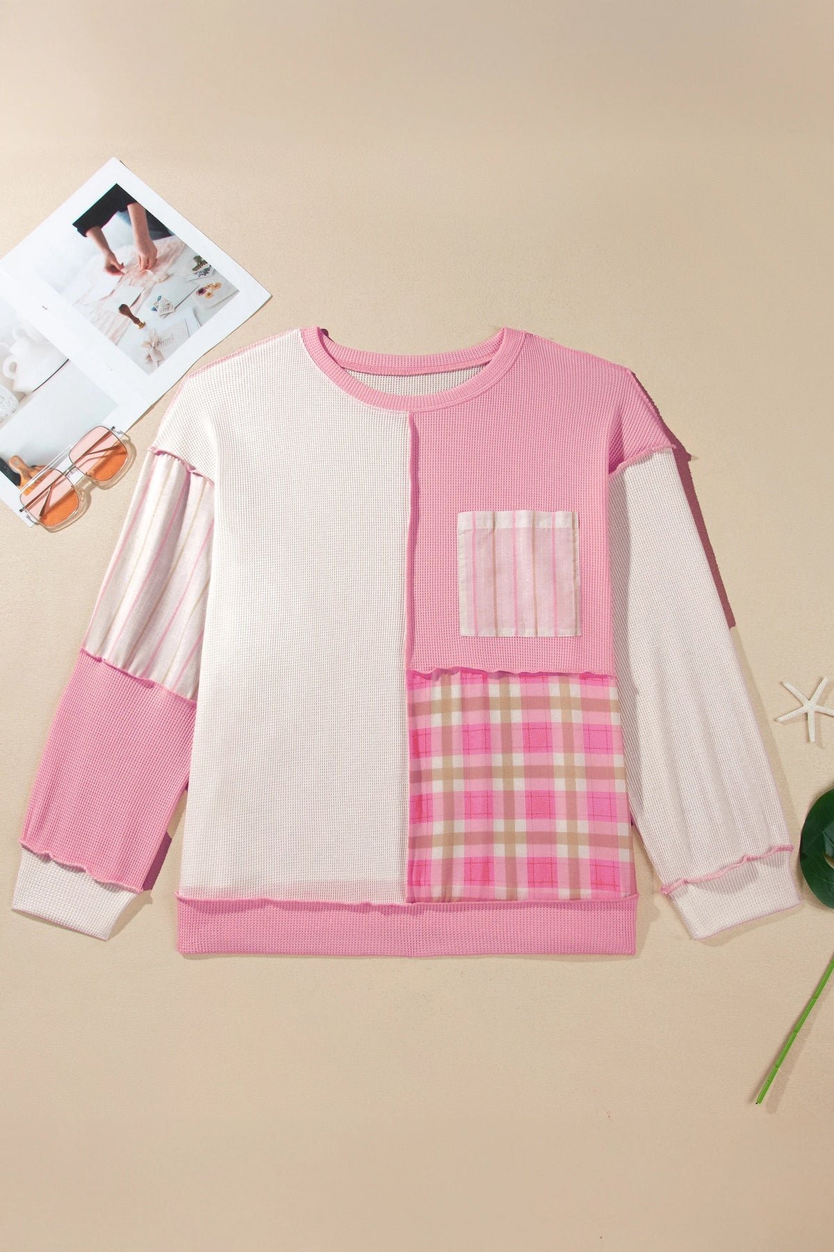 Plus Size Plaid Stripe Patchwork Long Sleeve Blouse