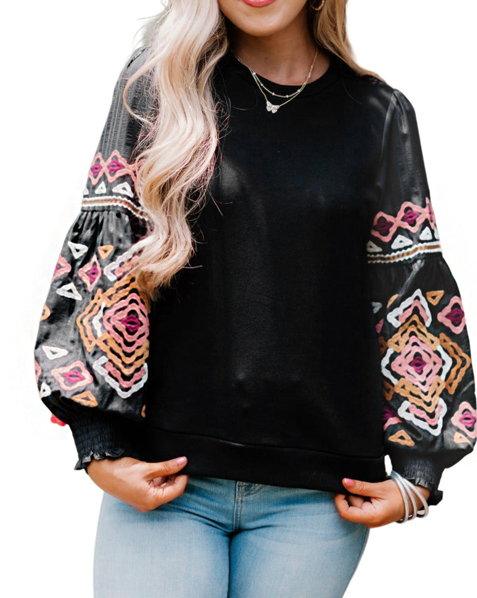 Geometric Long Puff Sleeve Blouse