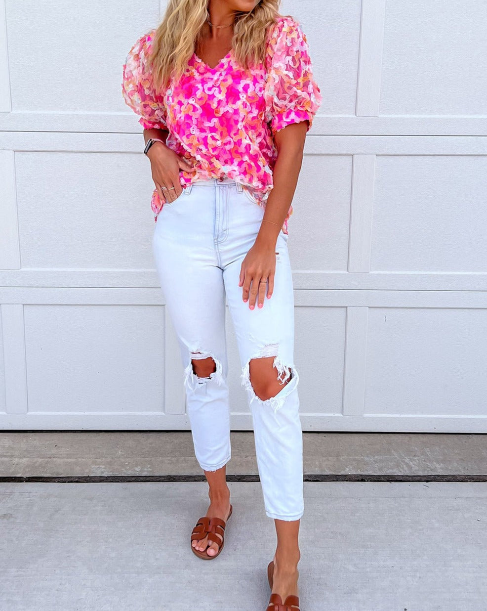 Floral Mesh Puff Sleeve Blouse