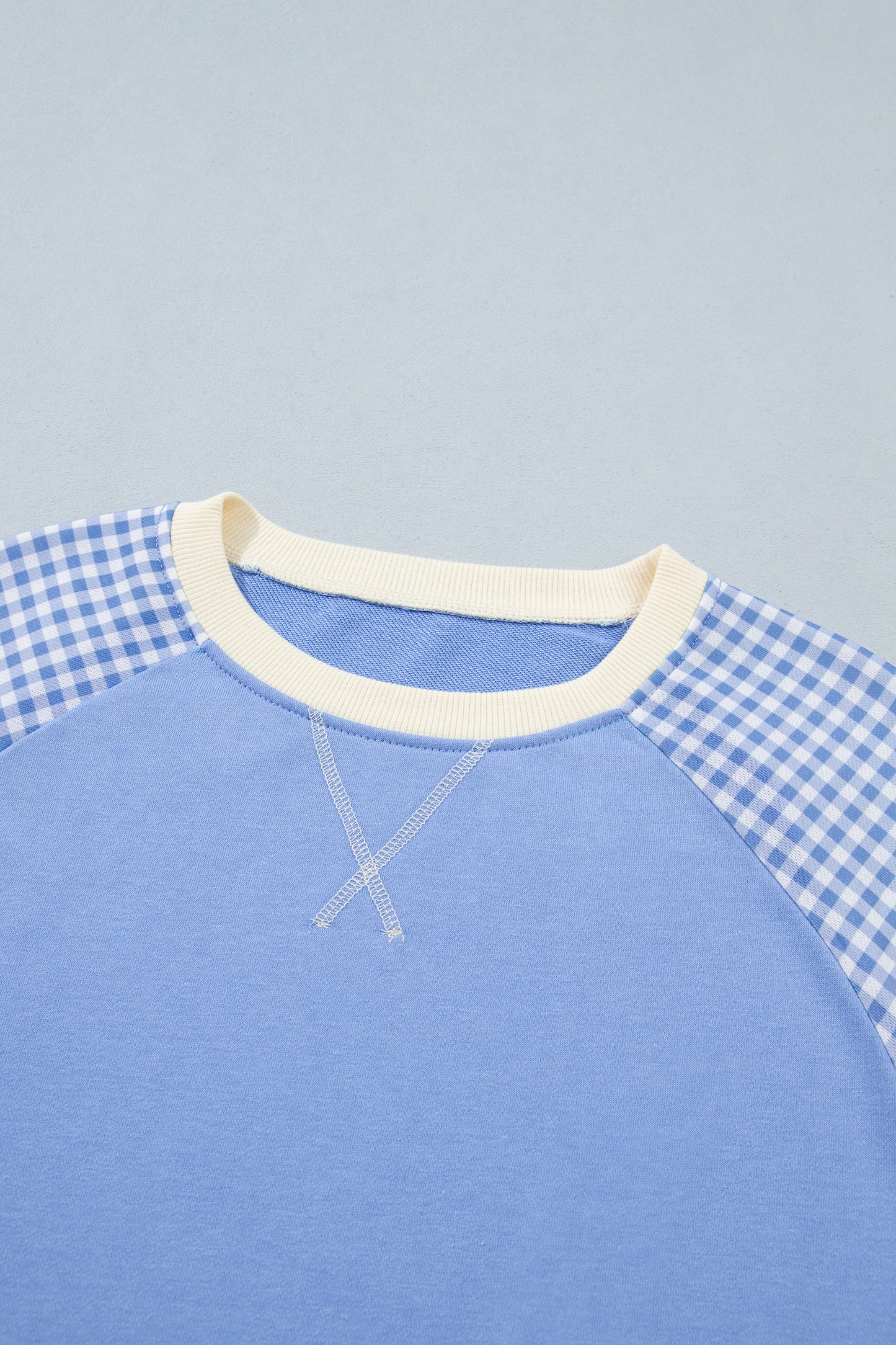 Gingham Colorblock Long Sleeve Raglan Pullover Sweatshirt