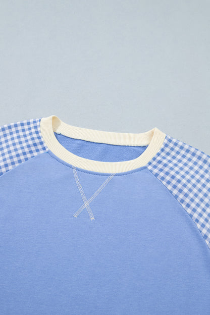 Gingham Colorblock Long Sleeve Raglan Pullover Sweatshirt