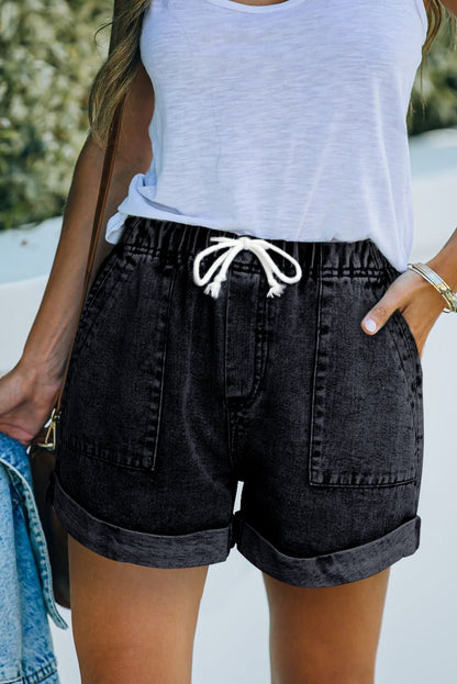 Denim Rolled Cuff Pocketed Shorts