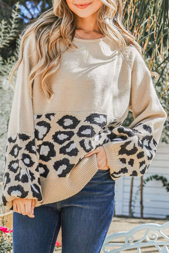 Leopard Colorblock Puff Sleeve Sweater