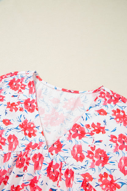 Plus Size Floral Ruffle 3/4 Sleeve V-Neck Dress
