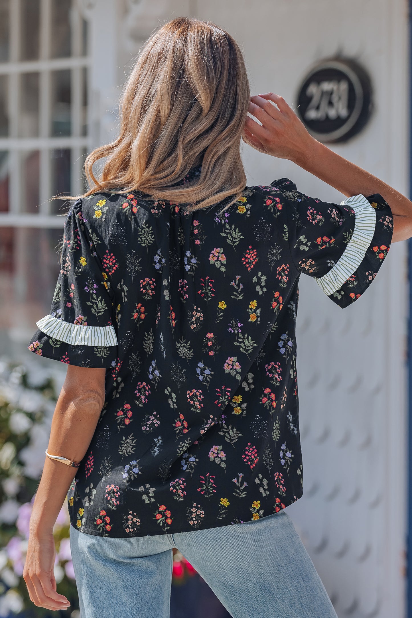 Floral Contrast Frill Trim Short Sleeve Shirt