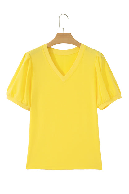 Solid V-Neck Short Puff Sleeve Blouse