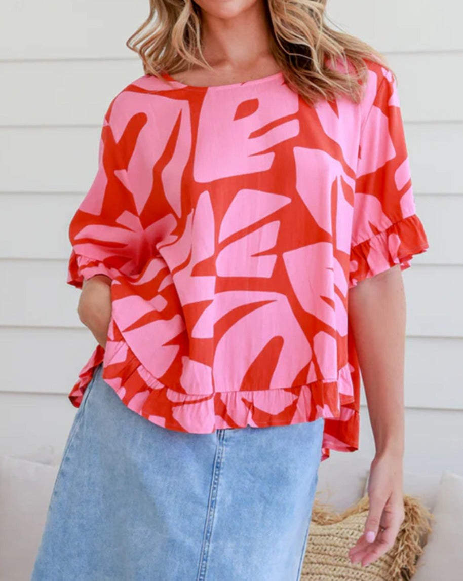 Abstract Palm Ruffle Top and Pants Set