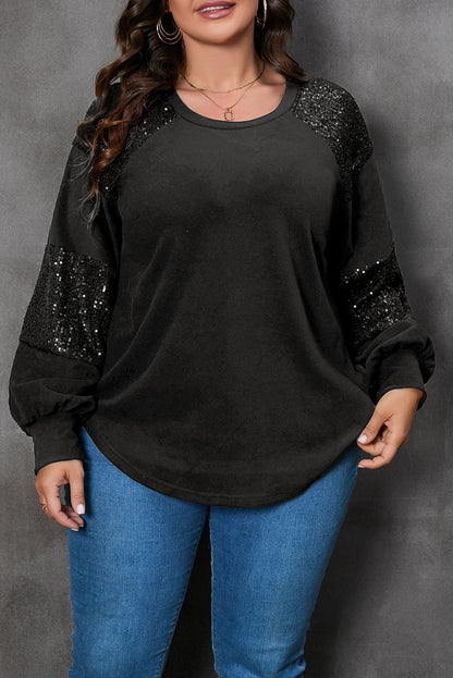 Plus Size Sequin Patchwork Long Sleeve Top