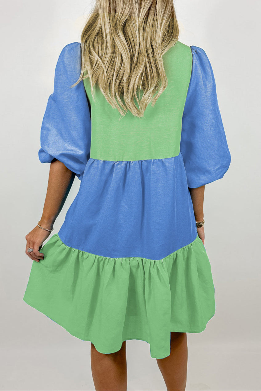 Colorblock V-Neck Puff Sleeve Dress