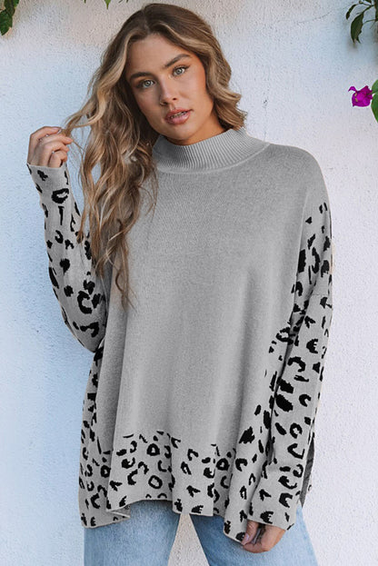 Leopard Mock Neck Side Slit Sweater