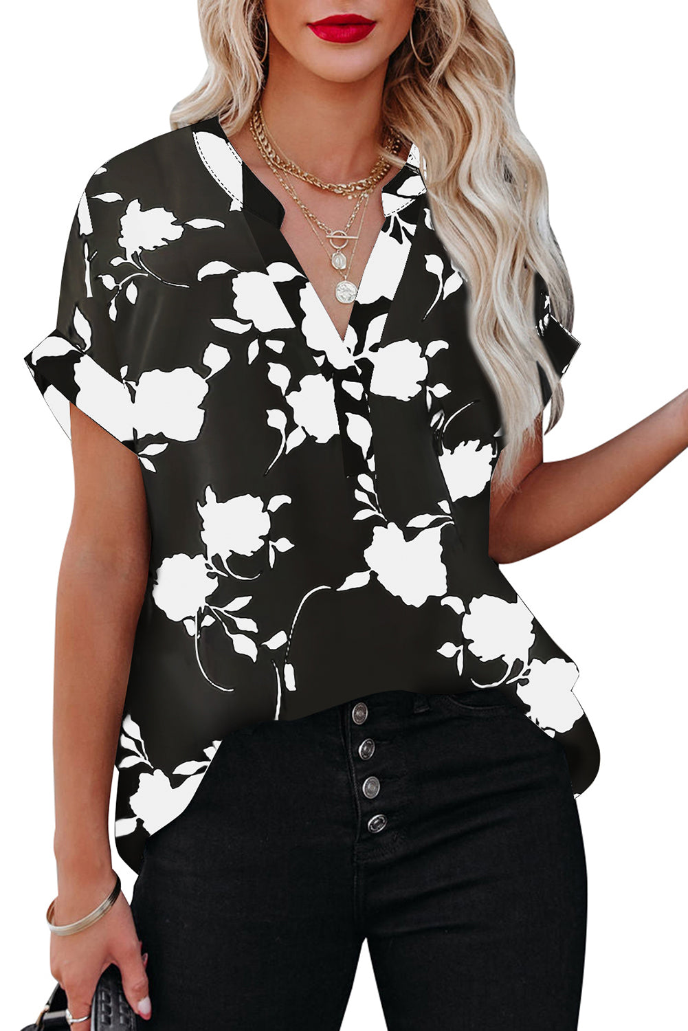 Floral Short Sleeve V-Neck Blouse