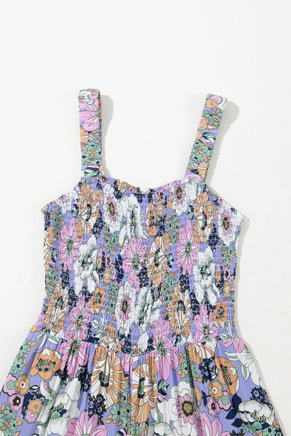 Floral Smocked High Waist Square Neck Jumpsuit