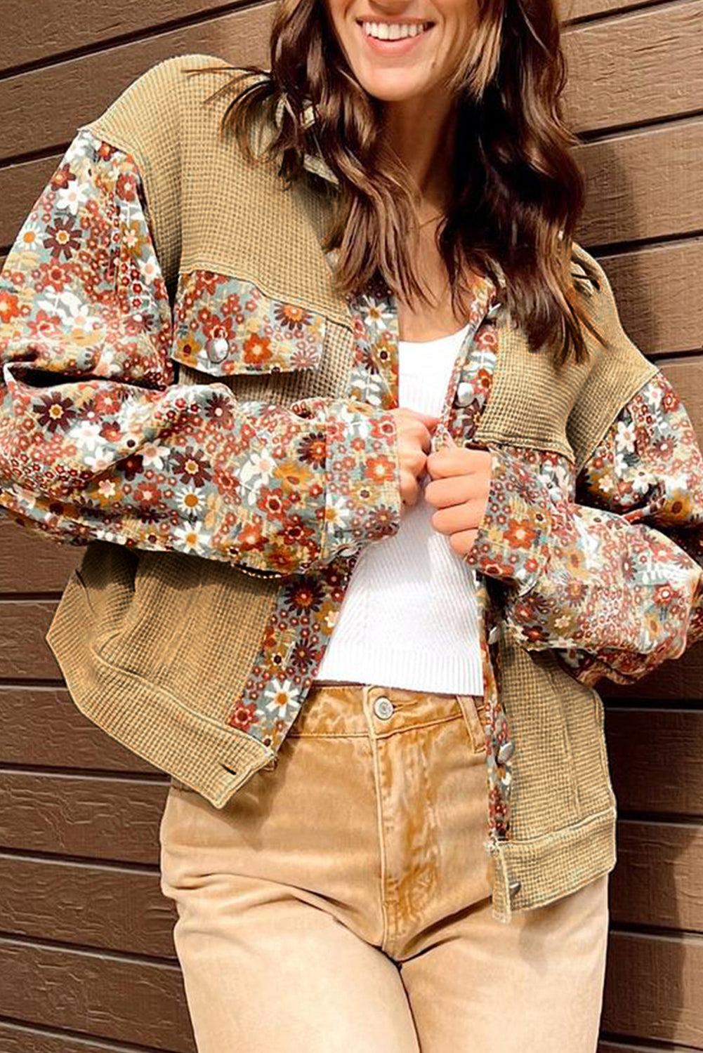 Floral Waffle Knit Buttoned Jacket