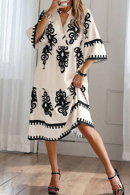 Western Geometric 3/4 Sleeve Midi Dress