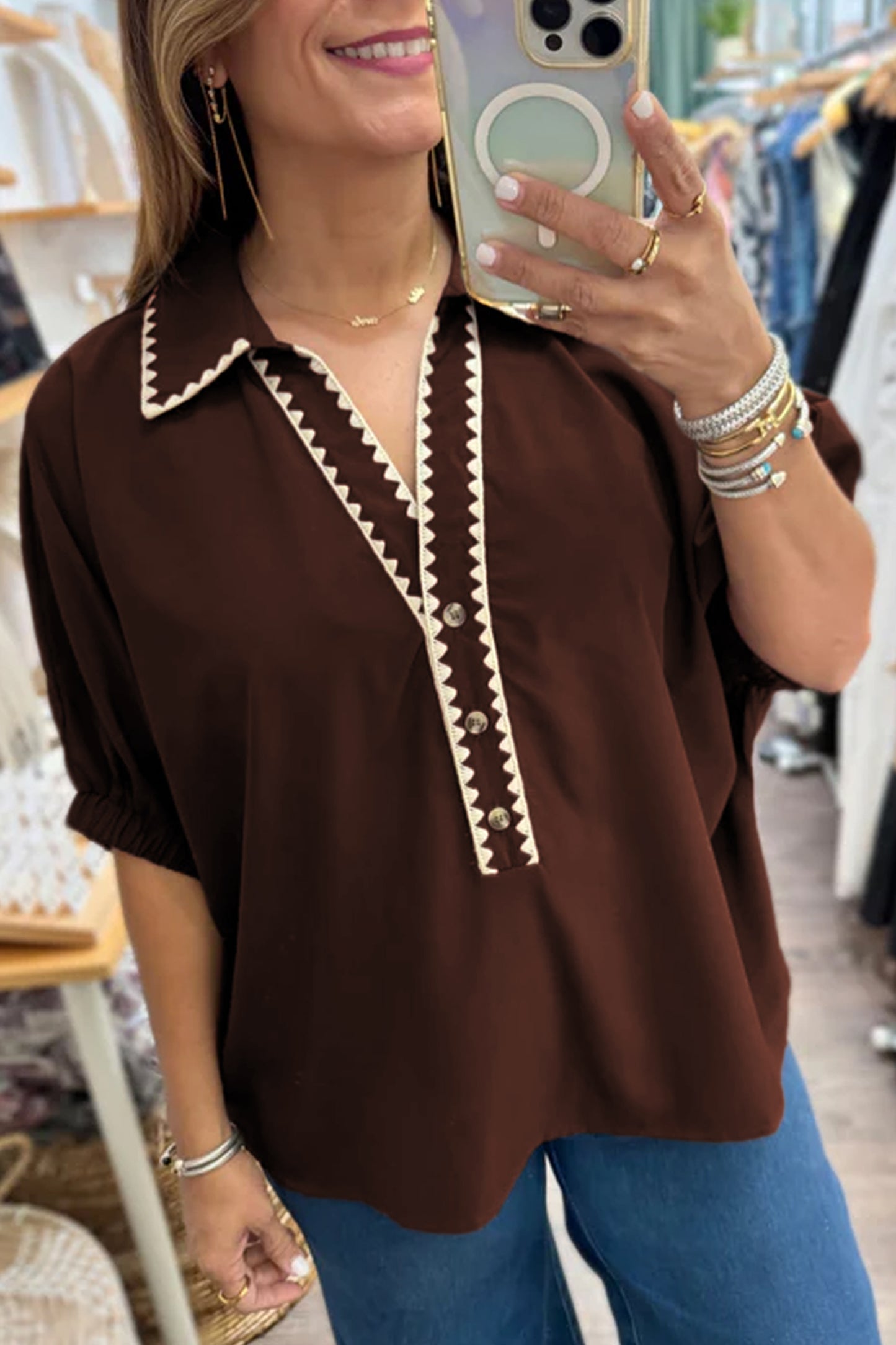 Contrast Trim Button V-Neck Short Sleeve Blouse