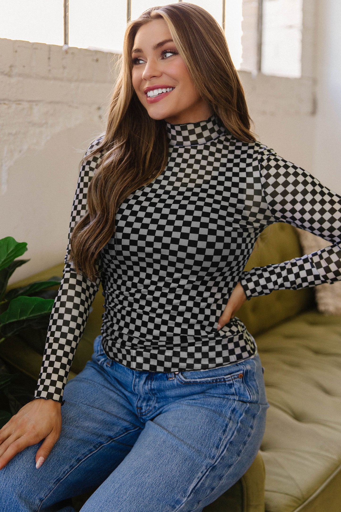 Checker Stand Neck Long Sleeve Mesh Top