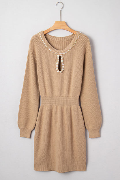 Pearl Embellished Keyhole Ribbed Sweater Dress