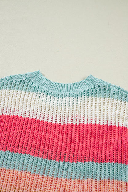 Stripe Colorblock Hollow-Out Short Sleeve Sweater