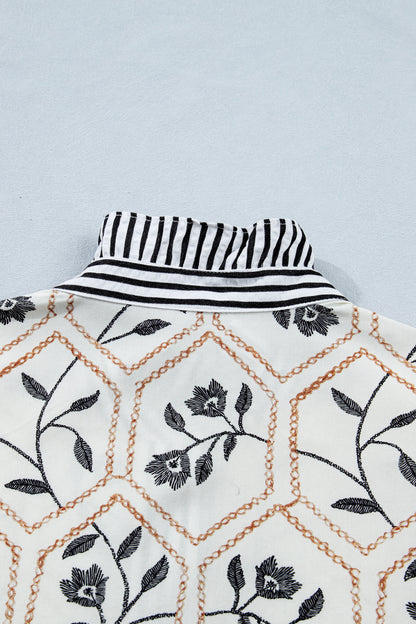 Floral Stripe Patchwork Ruffle Buttoned Short Sleeve Blouse