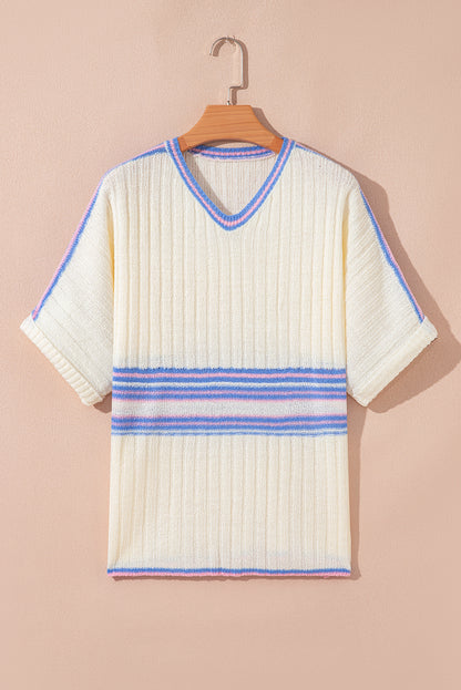 Stripe Ribbed Dolman Sleeve V-Neck Sweater