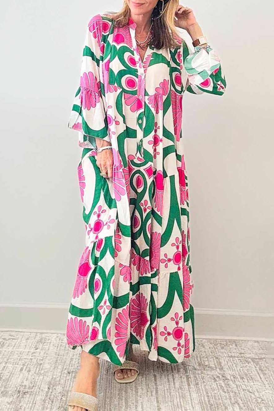 Floral Buttoned Long Sleeve Maxi Dress