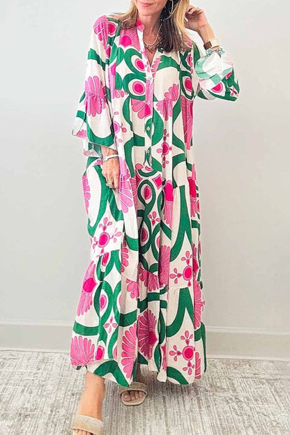 Floral Buttoned Long Sleeve Maxi Dress