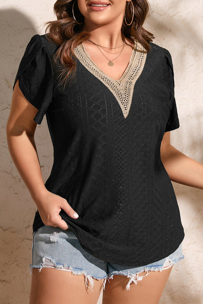 Embroidered Eyelet V-Neck Top Plus Size