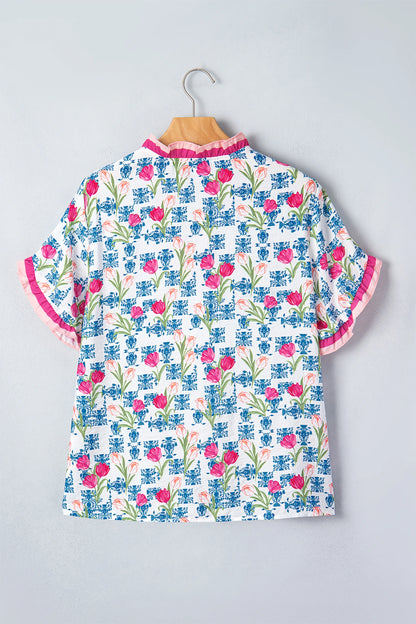 Floral Ruffle V-Neck Short Sleeve Tunic Shirt