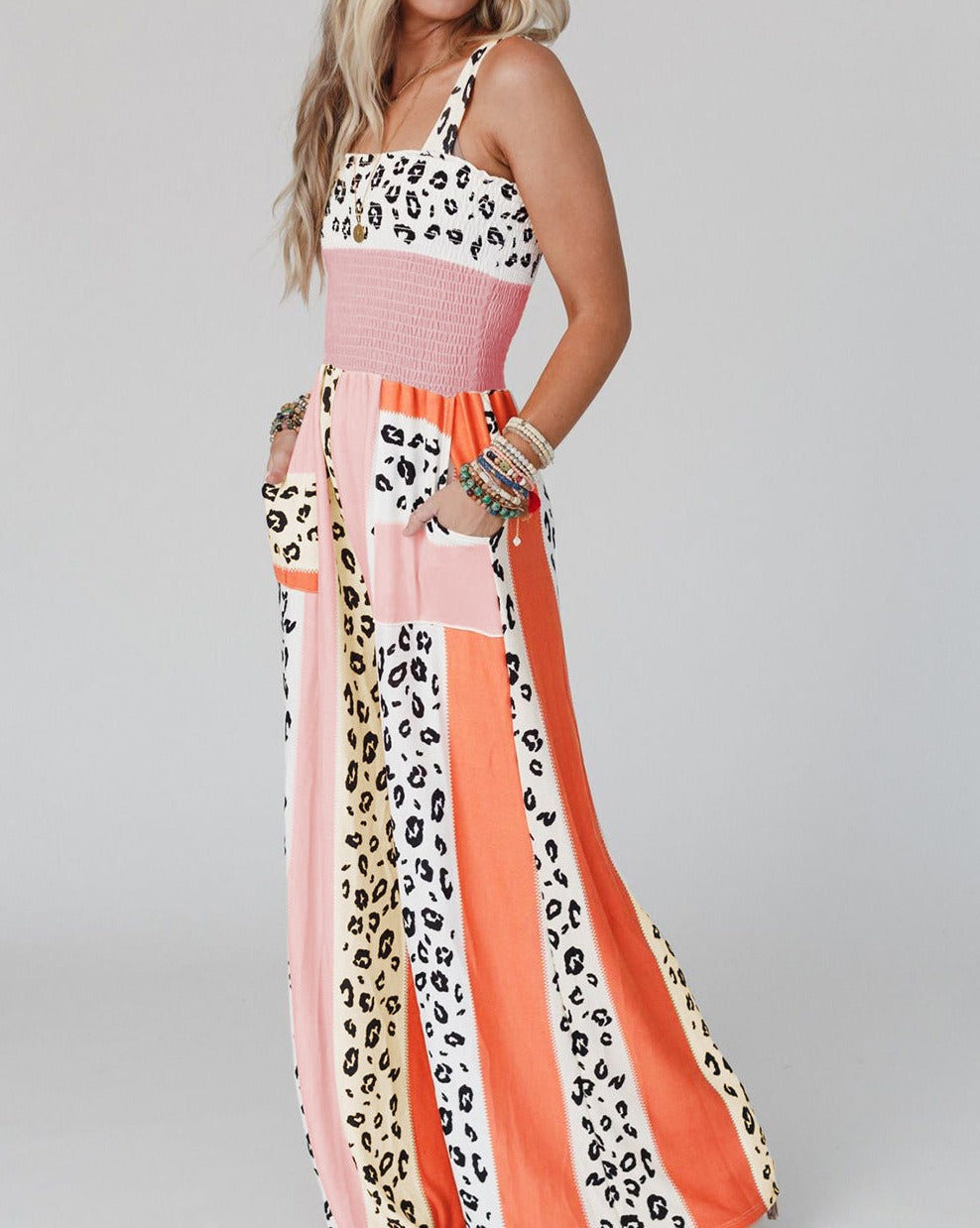 Leopard Color Block Pocketed Jumpsuit