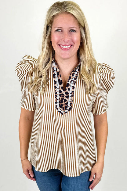 Leopard Patchwork Collared V-Neck Puff Sleeve Blouse