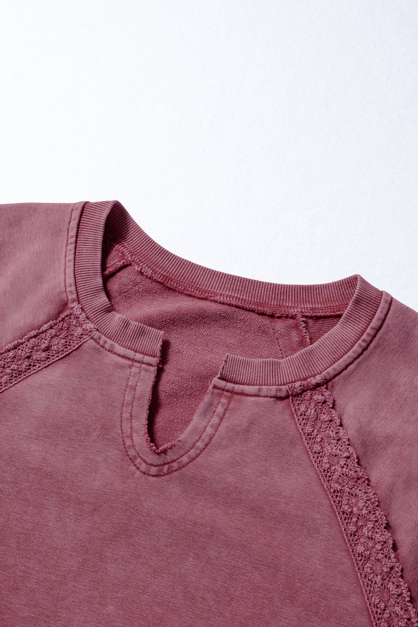 Lace Patchwork Mineral Wash Notched Neck Sweatshirt