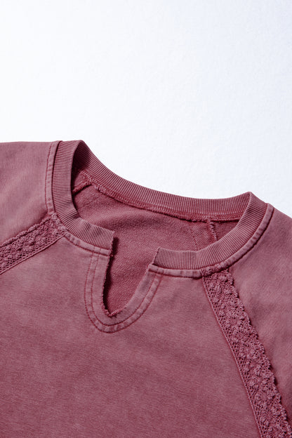 Lace Patchwork Mineral Wash Notched Neck Sweatshirt