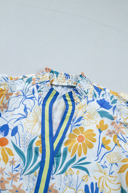 Floral Stripe Trim V-Neck Puff Sleeve Blouse