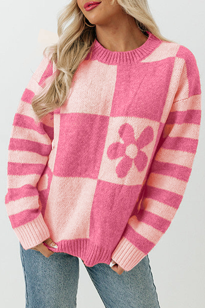 Checkered Floral Stripe Colorblock Sweater