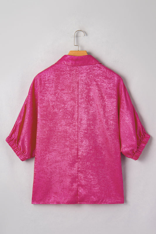 Metallic Collared V-Neck 3/4 Sleeve Top