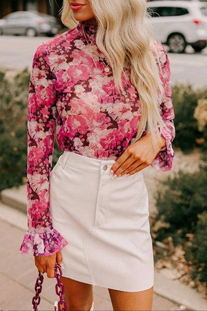 Floral Mesh Mock Neck Blouse