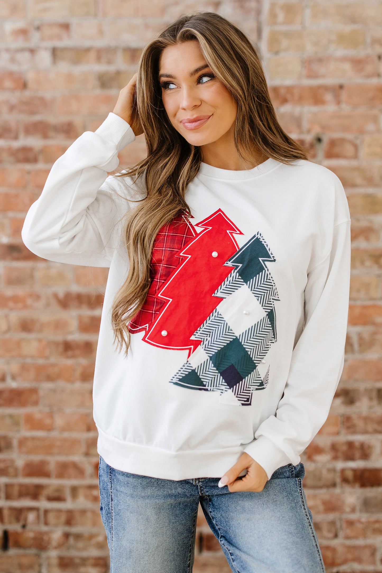 Christmas Tree Pearl Plaid Patch Drop Shoulder Sweatshirt