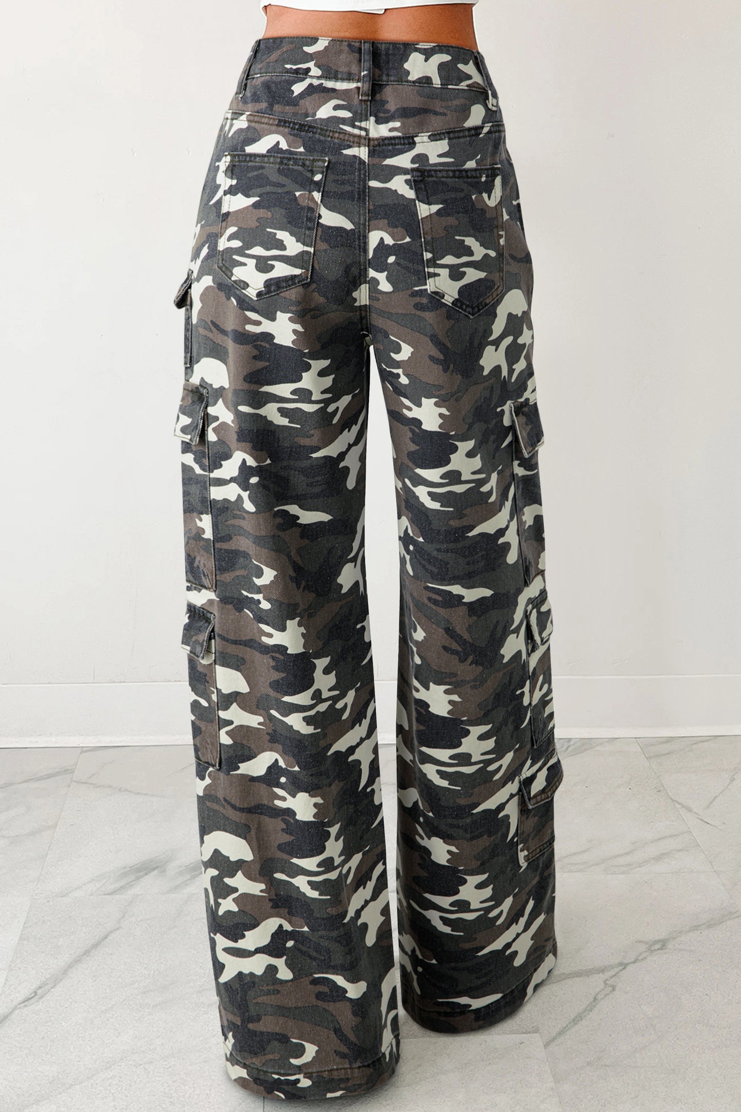 Camo Denim Cargo Wide Leg Pants