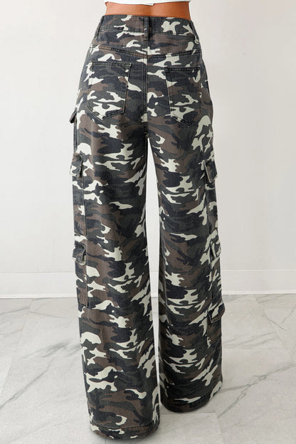 Camo Denim Cargo Wide Leg Pants