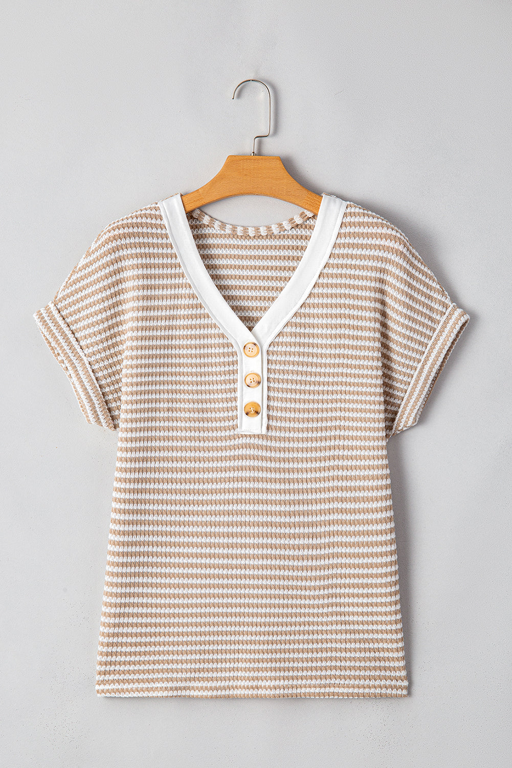 Stripe Button Front V-Neck Knitted T-Shirt