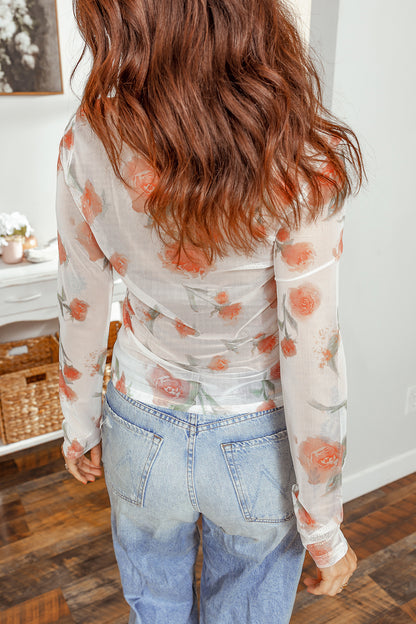 Floral Mesh Round Neck Long Sleeve Top