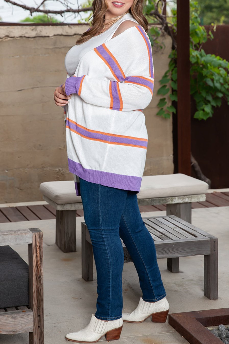 Plus Size Stripe Drop Shoulder Sweater Cardigan