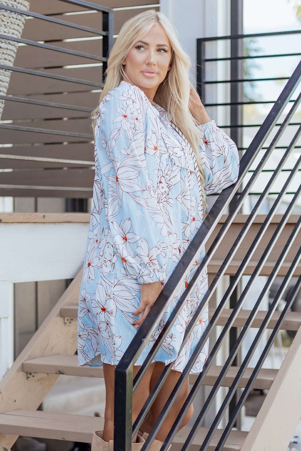 Floral Tie Neck Long Sleeve Mini Dress