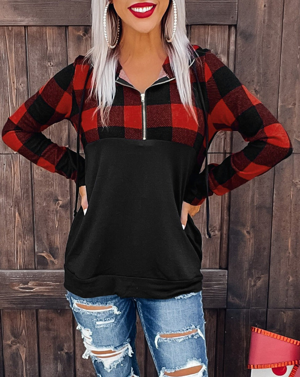 Plaid Half Zip Hooded Top