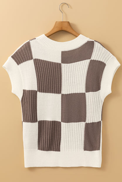 Checker Colorblock Crewneck Short Sleeve Sweater
