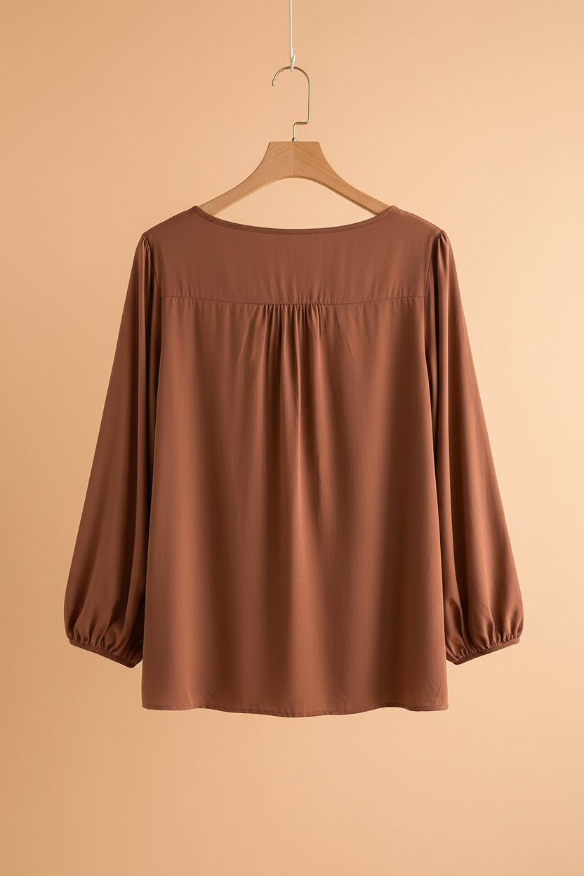 Plus Size Boho Embroidered Tassel Tie Long Sleeve Blouse