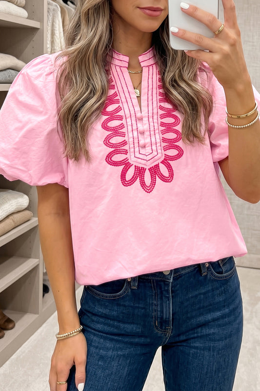 Boho Embroidered Puff Sleeve Cotton Blouse