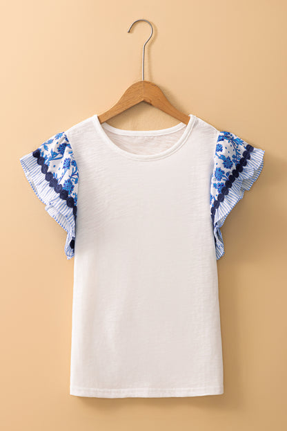 Floral Patchwork Flutter Sleeve Ricrac Trim Blouse