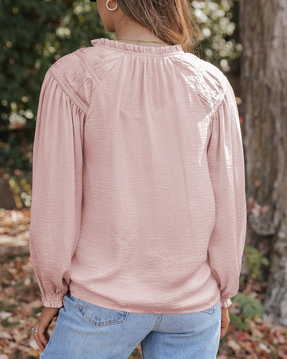 Pleated Balloon Sleeve V-Neck Blouse